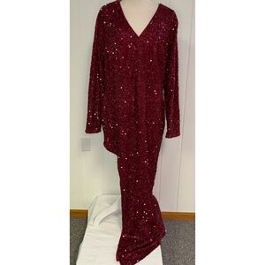 Brand New Long Sleeve Burgundy/Red Sequin Gown With Leg Slit